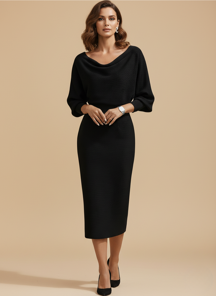 Cowl Neck Batwing Knit Bodycon Midi Dress - Evening Cocktail