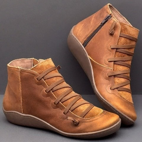 Cross Lace Side Zip Flat Sole Leather Casual Ankle Boot