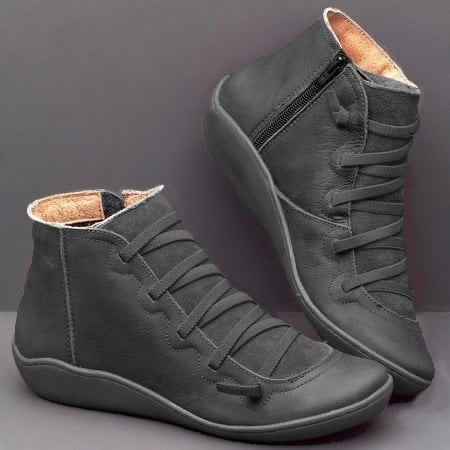 Cross Lace Side Zip Flat Sole Leather Casual Ankle Boot
