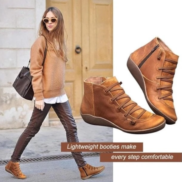 Cross Lace Side Zip Flat Sole Leather Casual Ankle Boot