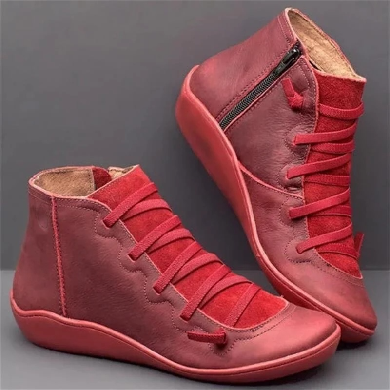 Cross Lace Side Zip Flat Sole Leather Casual Ankle Boot