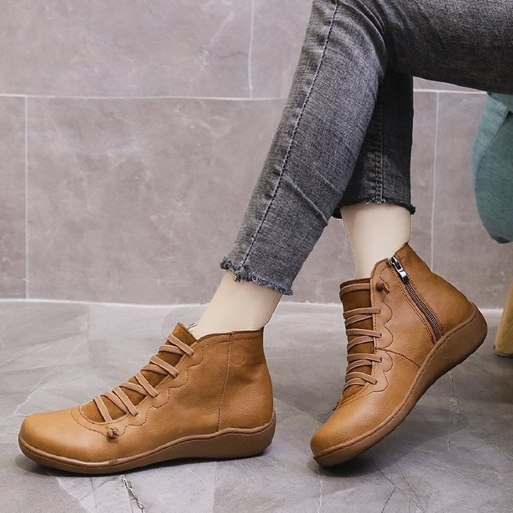 Cross Lace Side Zip Flat Sole Leather Casual Ankle Boot