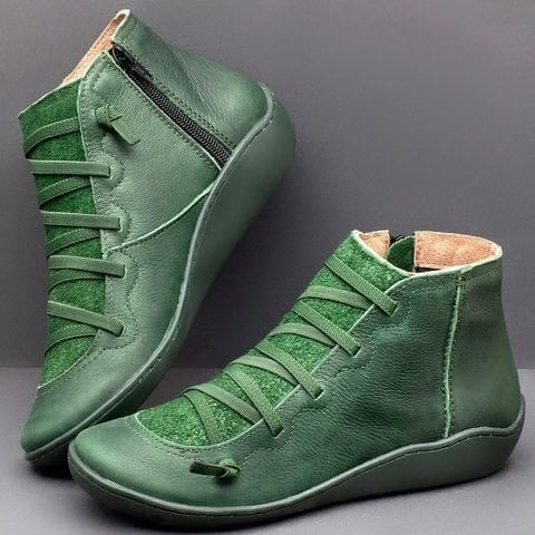 Cross Lace Side Zip Flat Sole Leather Casual Ankle Boot