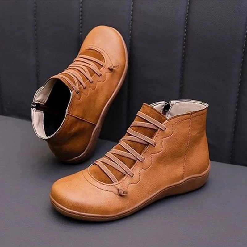 Cross Lace Side Zip Flat Sole Leather Casual Ankle Boot