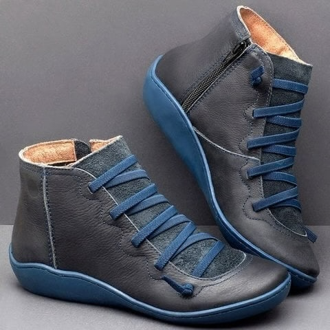 Cross Lace Side Zip Flat Sole Leather Casual Ankle Boot