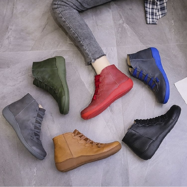 Cross Lace Side Zip Flat Sole Leather Casual Ankle Boot