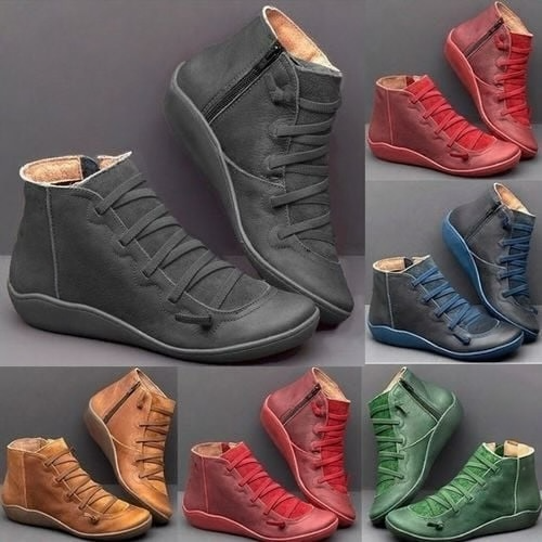 Cross Lace Side Zip Flat Sole Leather Casual Ankle Boot