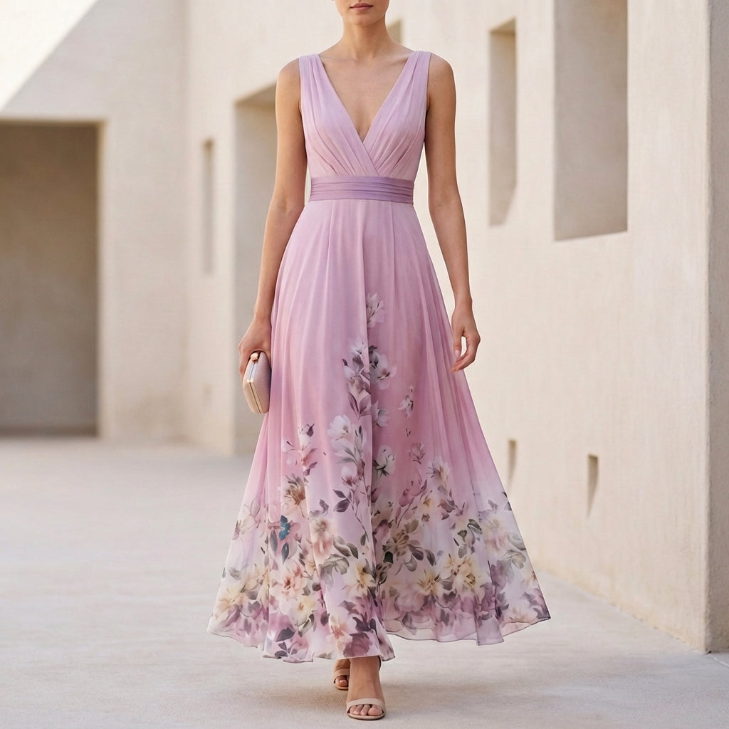Women's Floral Chiffon Maxi Dress V Neck Sleeveless Wedding Guest
