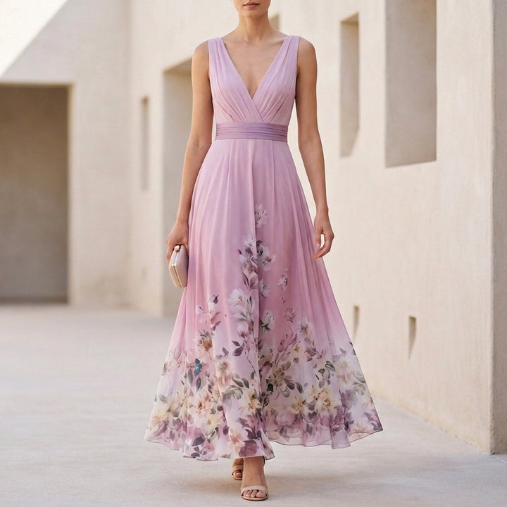 Women's Floral Chiffon Maxi Dress V Neck Sleeveless Wedding Guest