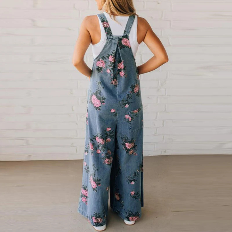 Floral Print Wide Leg Dungaree Jumpsuit Women
