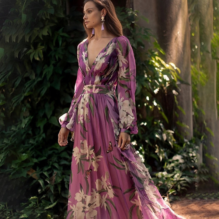 Floral Chiffon Long Sleeve Maxi Dress - Wedding Guest Formal