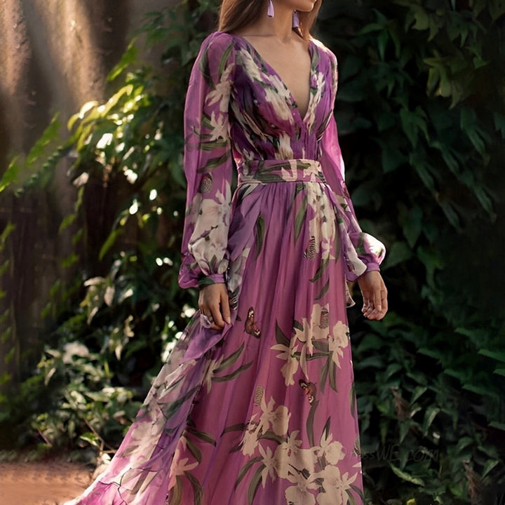 Floral Chiffon Long Sleeve Maxi Dress - Wedding Guest Formal