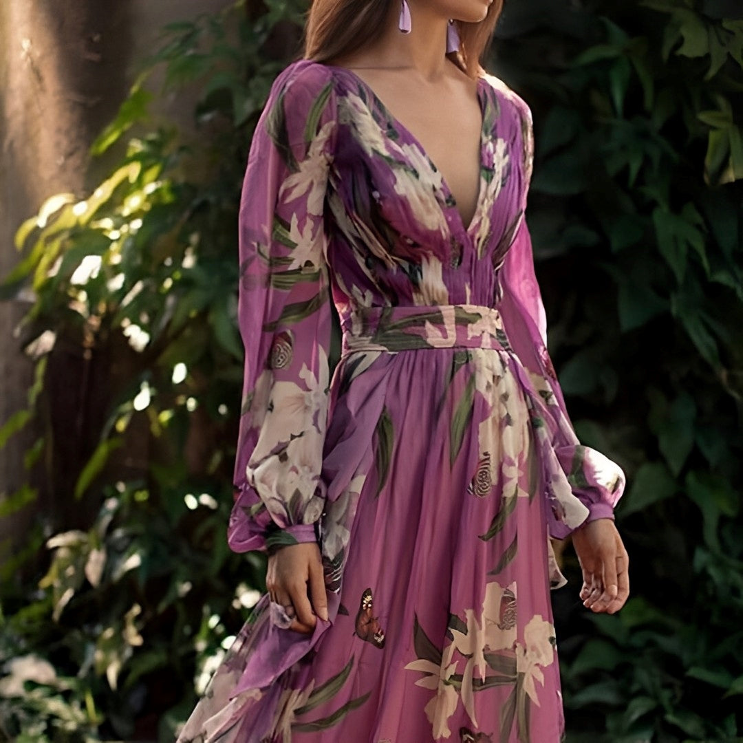 Floral Chiffon Long Sleeve Maxi Dress - Wedding Guest Formal