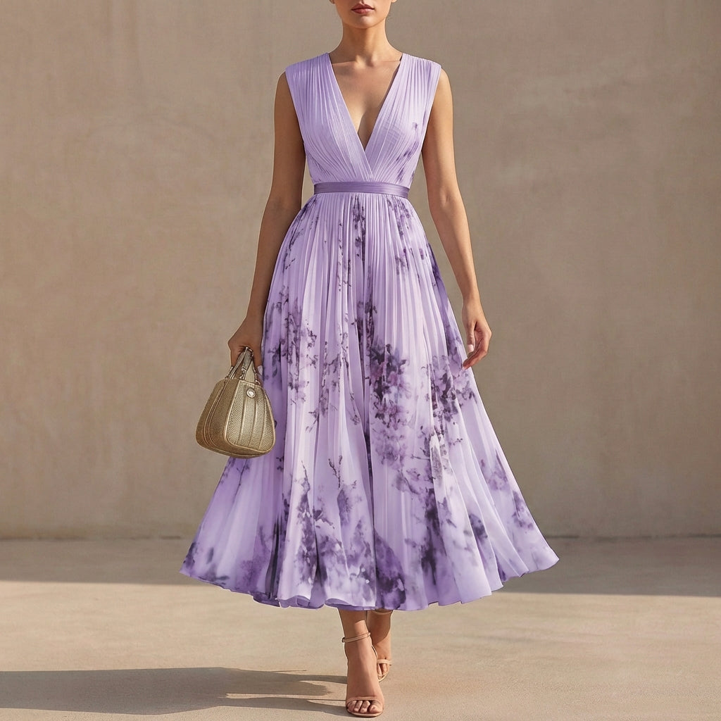 Women's Floral Pleated Maxi Dress Deep V Neck Sleeveless Wedding Guest