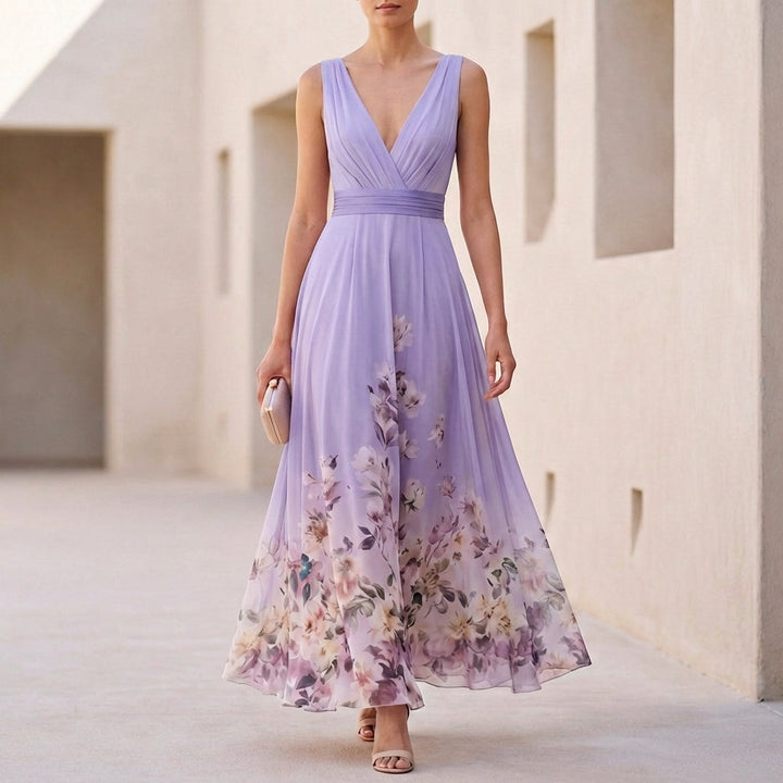 Women's Floral Chiffon Maxi Dress V Neck Sleeveless Wedding Guest