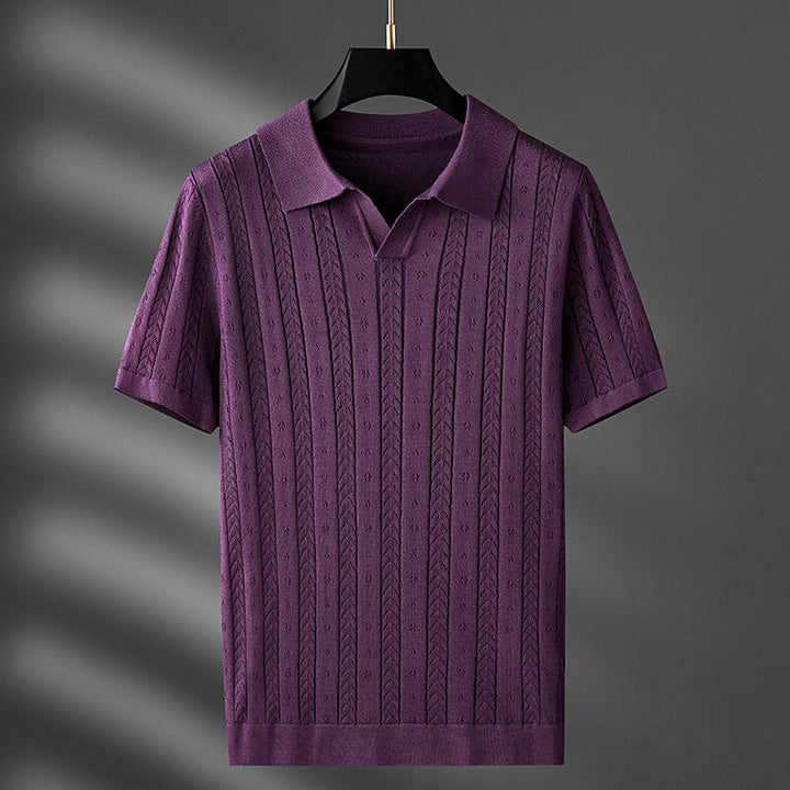 Cable Knit Texture Open Collar Short Sleeve Polo Shirt