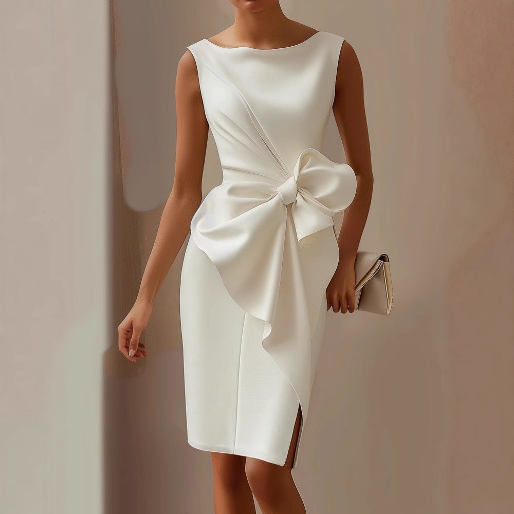 Women's Bow Detail Midi Dress Sleeveless Bodycon Wedding Guest