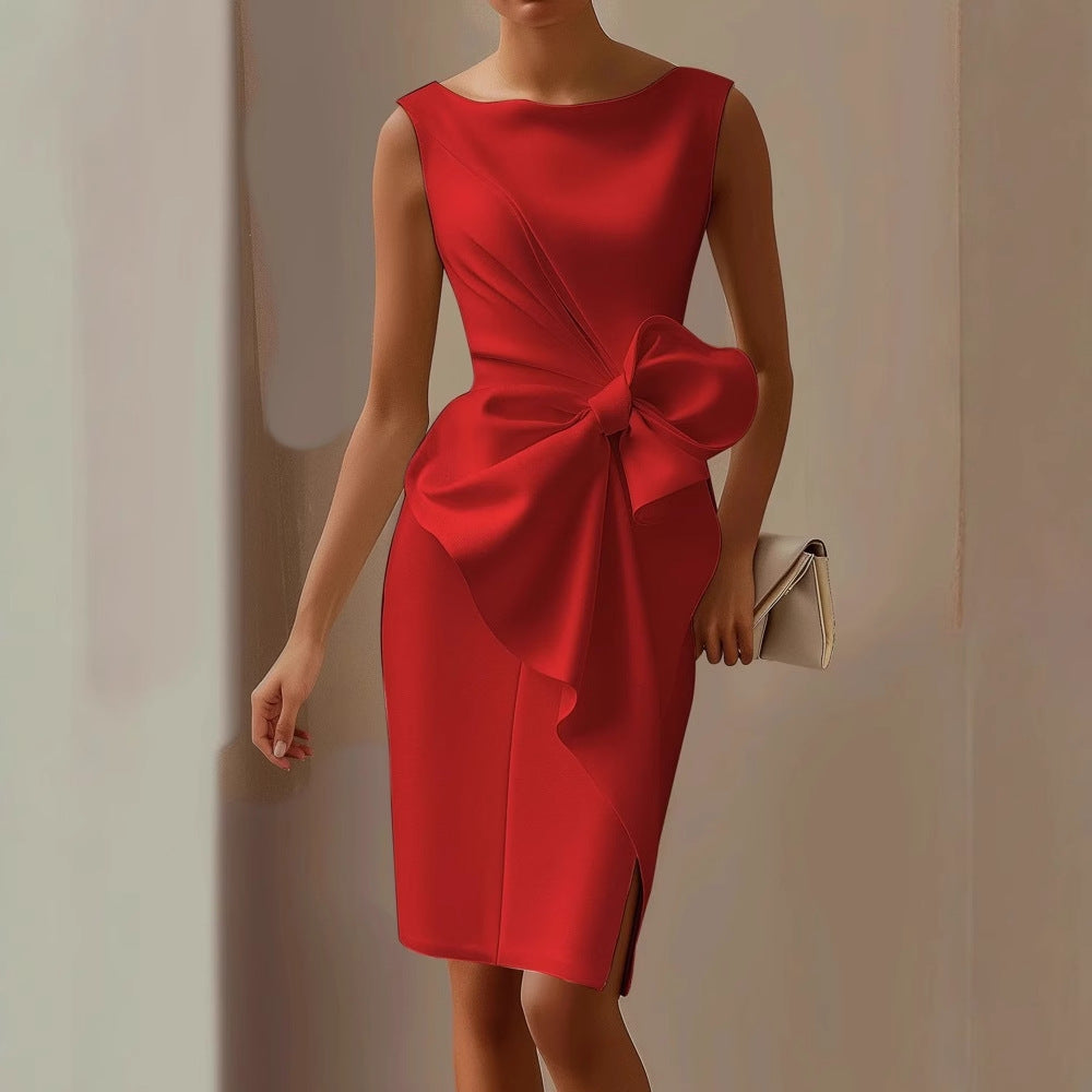 Women's Bow Detail Midi Dress Sleeveless Bodycon Wedding Guest
