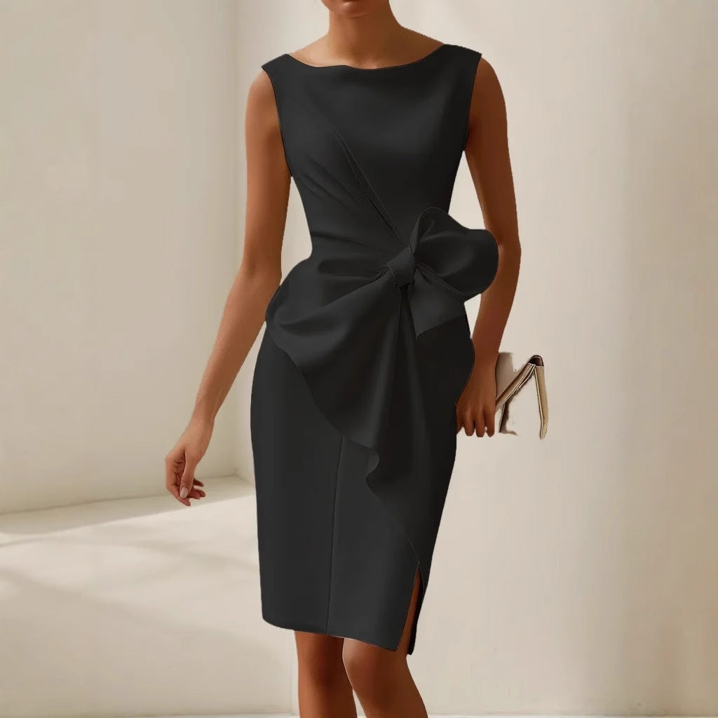 Women's Bow Detail Midi Dress Sleeveless Bodycon Wedding Guest