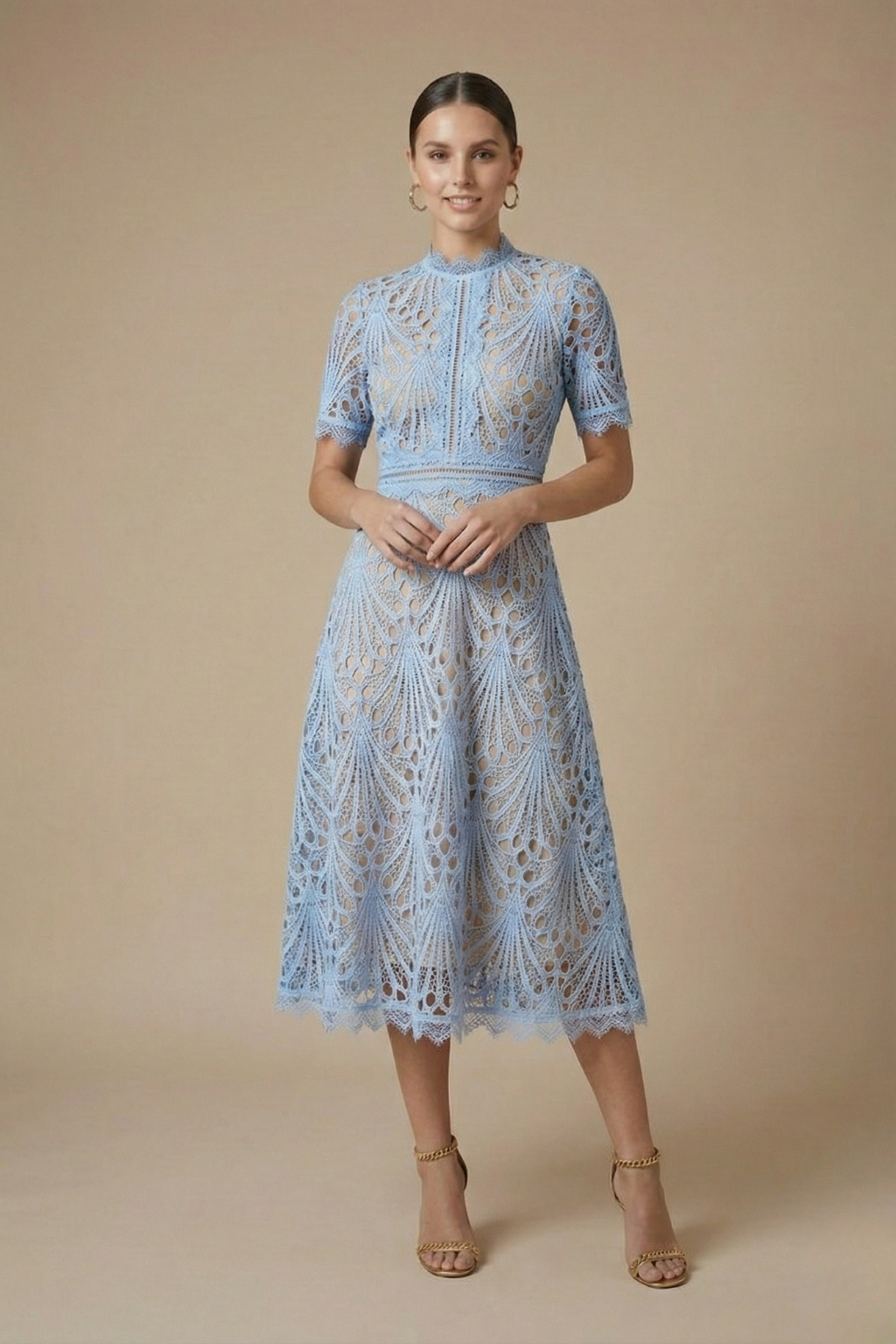 Cutwork Lace High Neck Short Sleeve A Line Midi Dress - Wedding Guest