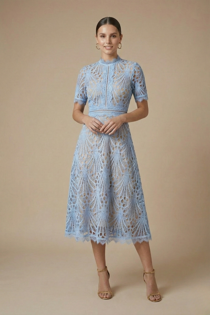 Cutwork Lace High Neck Short Sleeve A Line Midi Dress - Wedding Guest