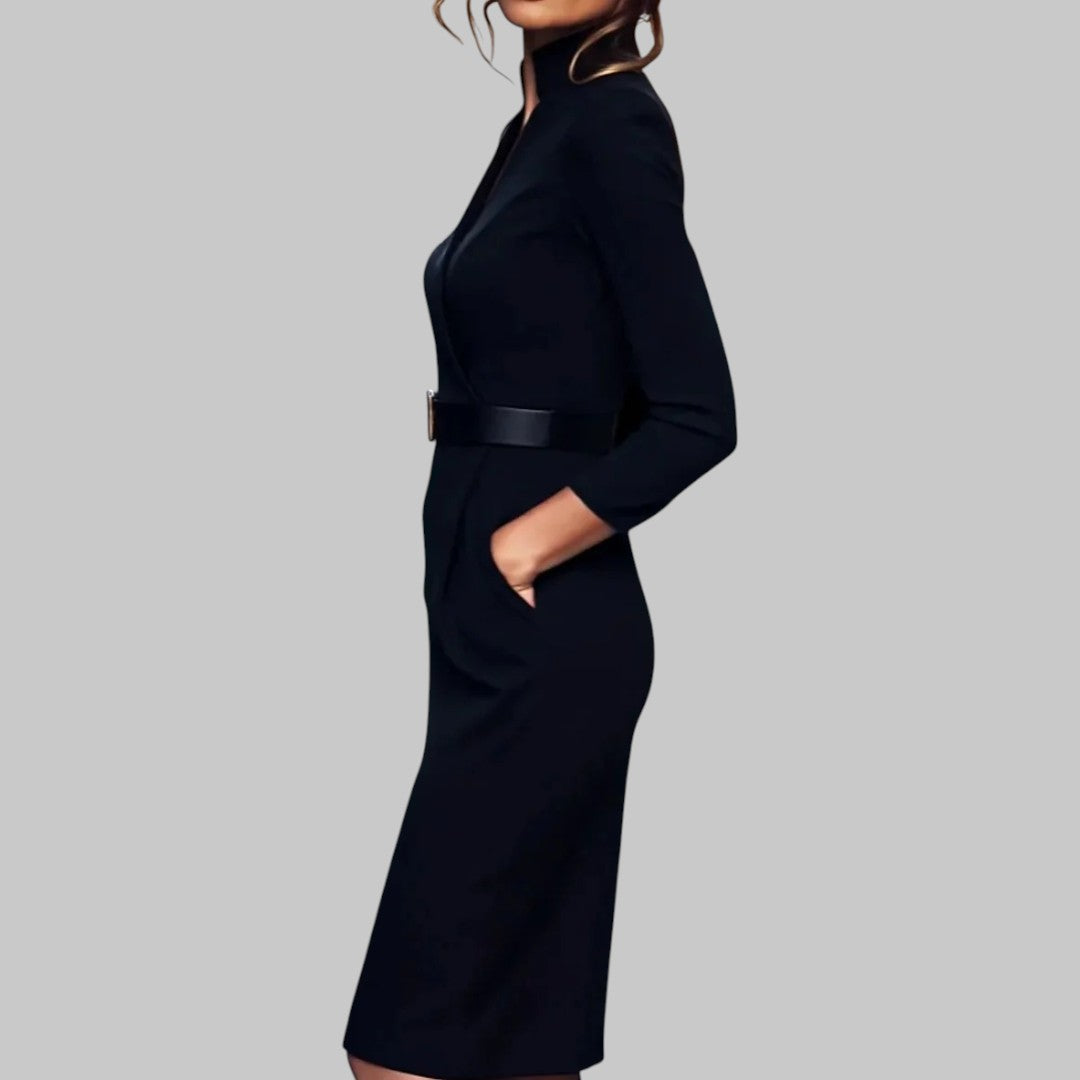 Women's Belted Bodycon Midi Dress V Neck Long Sleeve Work Office