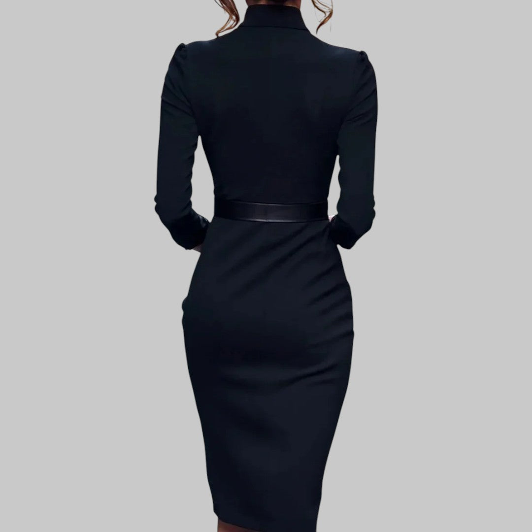 Women's Belted Bodycon Midi Dress V Neck Long Sleeve Work Office