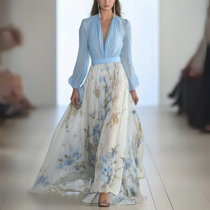 Women's Floral Maxi Dress Deep V Neck Long Sleeve Wedding Guest