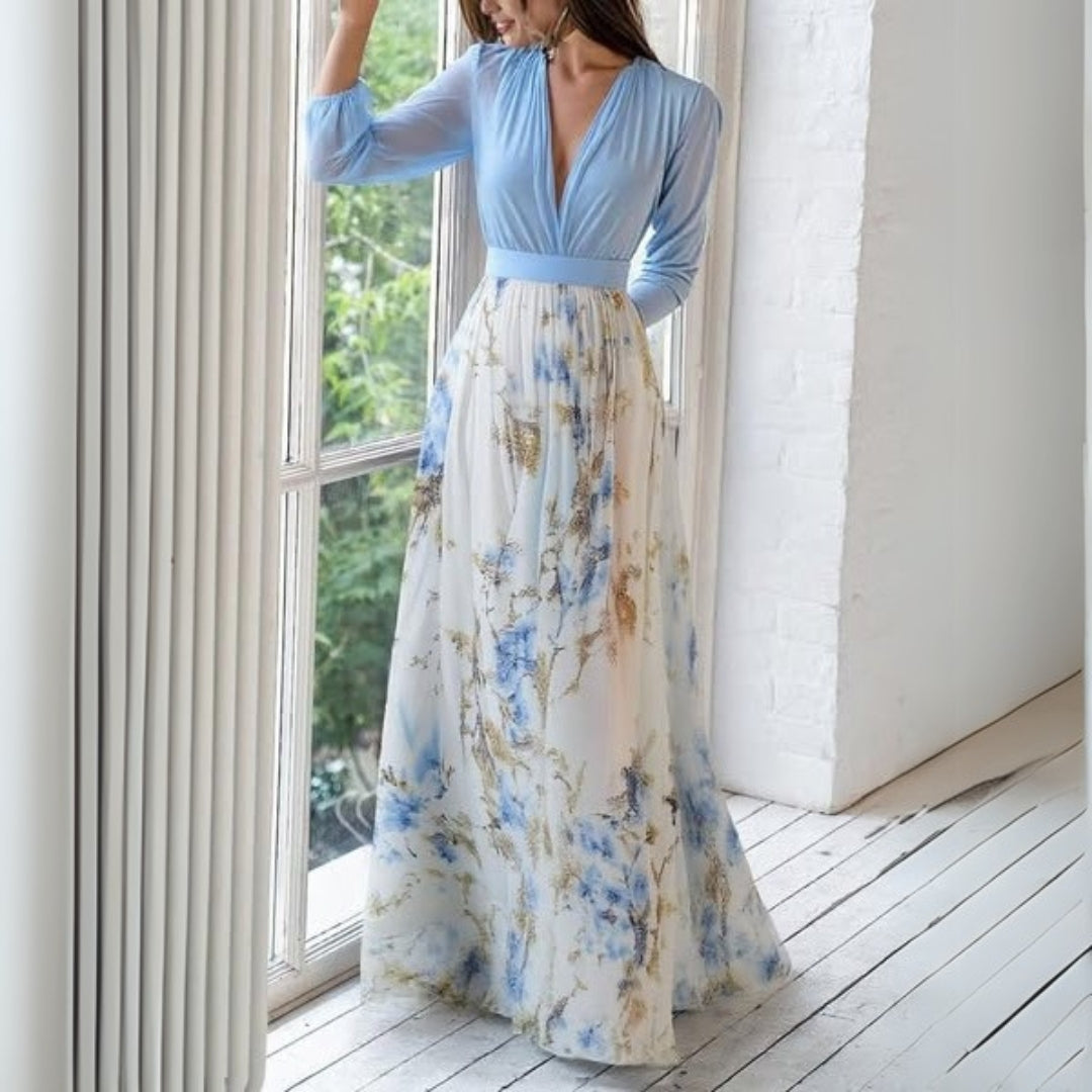 Women's Floral Maxi Dress Deep V Neck Long Sleeve Wedding Guest
