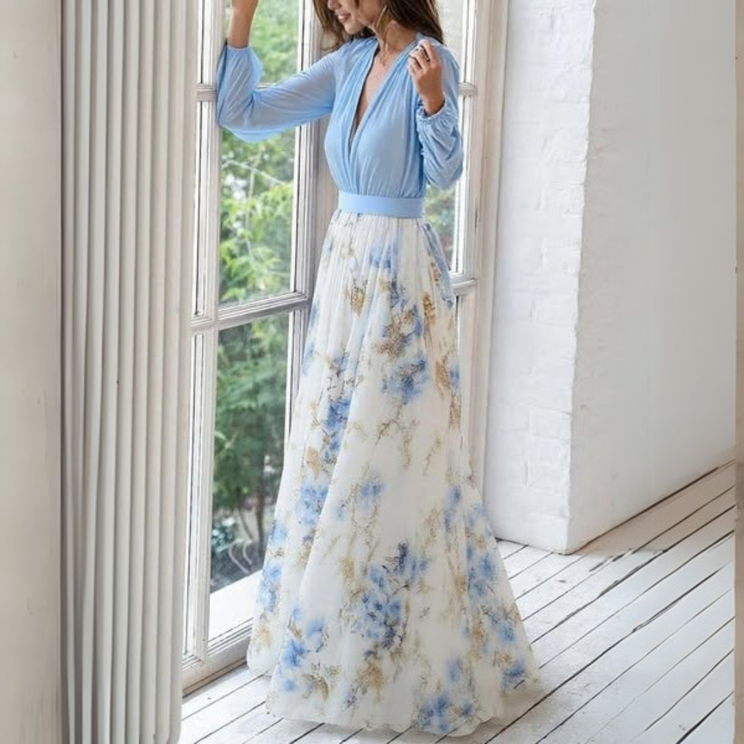 Women's Floral Maxi Dress Deep V Neck Long Sleeve Wedding Guest