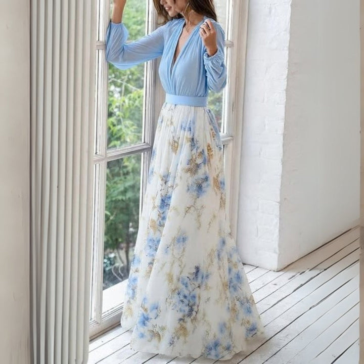 Women's Floral Maxi Dress Deep V Neck Long Sleeve Wedding Guest
