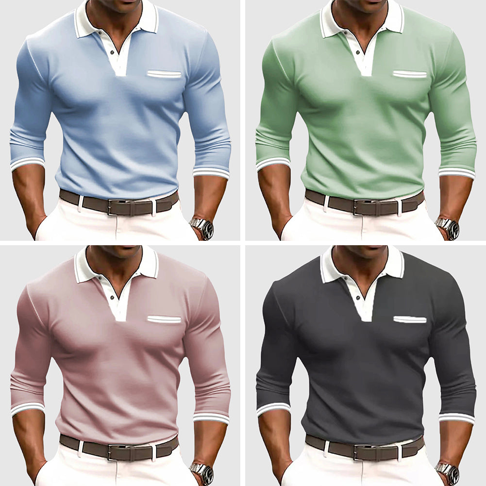 Contrast Tipped Collar Cuff Long Sleeve Knit Polo Shirt