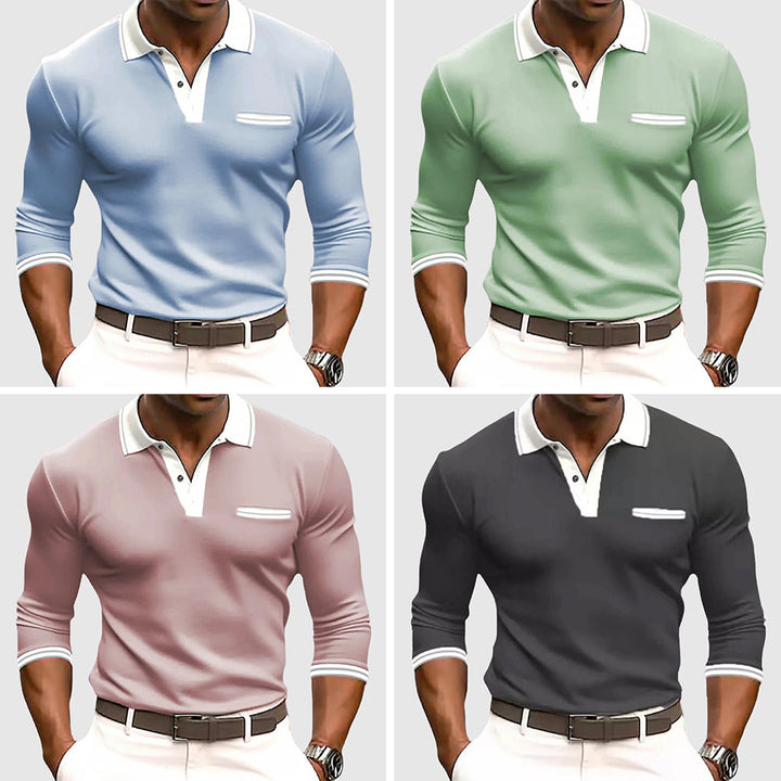 Contrast Tipped Collar Cuff Long Sleeve Knit Polo Shirt