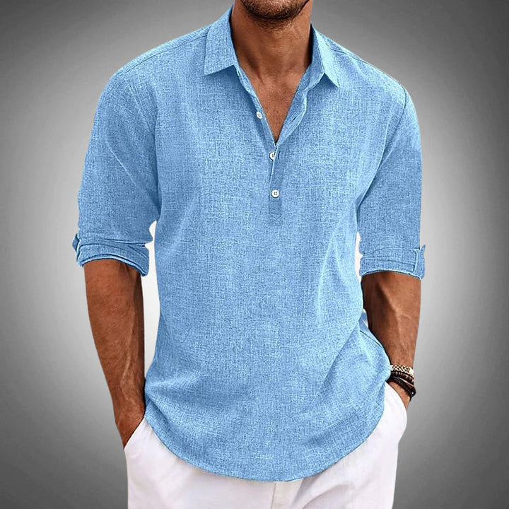 Long Sleeve Henley Collar Popover Casual Linen Shirt