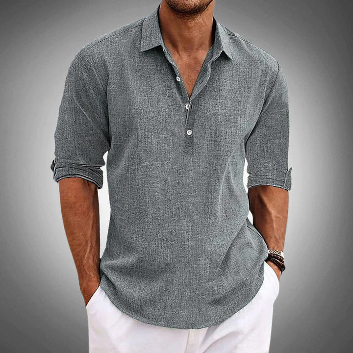 Long Sleeve Henley Collar Popover Casual Linen Shirt