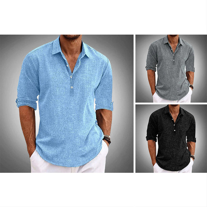 Long Sleeve Henley Collar Popover Casual Linen Shirt
