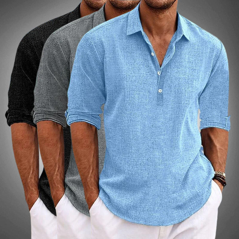 Long Sleeve Henley Collar Popover Casual Linen Shirt