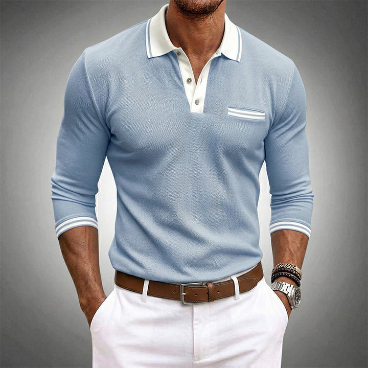 Contrast Tipped Collar Cuff Long Sleeve Knit Polo Shirt