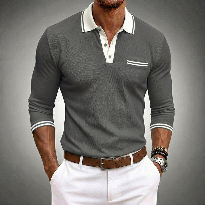 Contrast Tipped Collar Cuff Long Sleeve Knit Polo Shirt