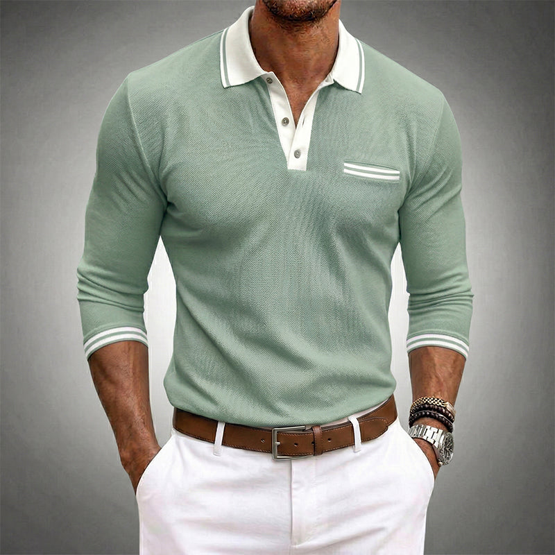 Contrast Tipped Collar Cuff Long Sleeve Knit Polo Shirt