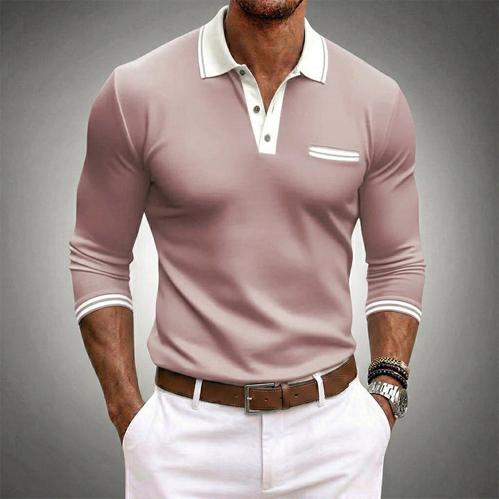 Contrast Tipped Collar Cuff Long Sleeve Knit Polo Shirt