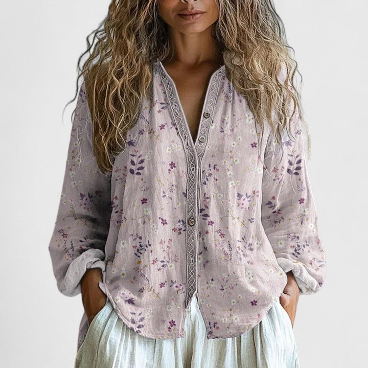 Dragonfly Print Contrast Trim Boho Linen Blouse Women
