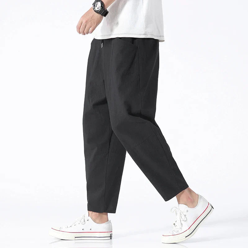 Drawstring Linen Tapered Mens Casual Trousers - Cropped Fit