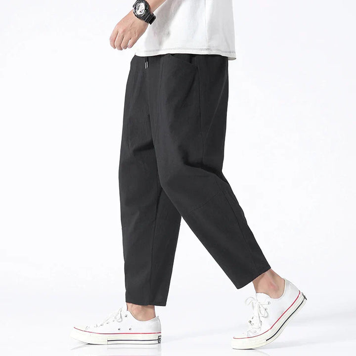 Drawstring Linen Tapered Mens Casual Trousers - Cropped Fit