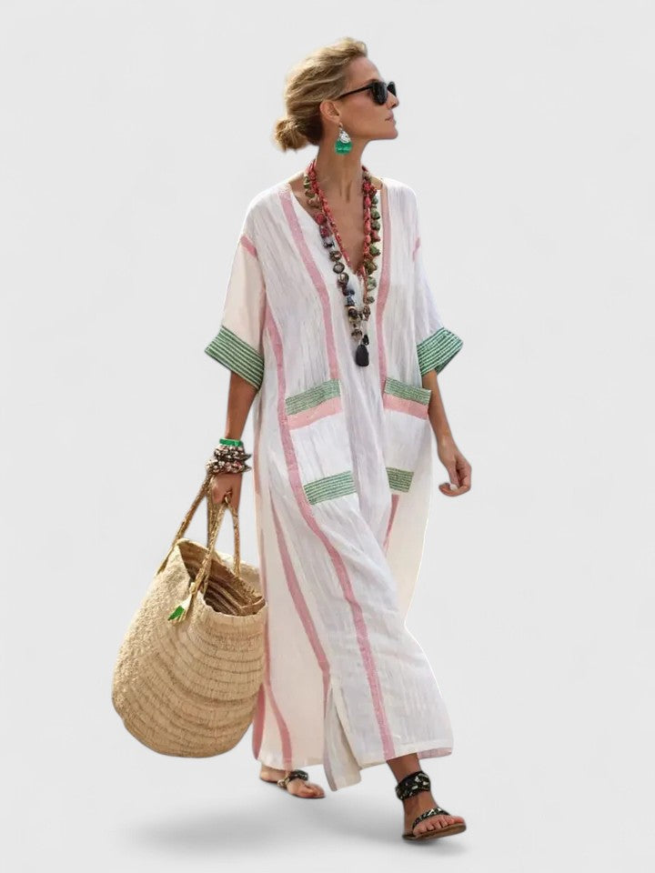 Women's Striped Linen Maxi Dress Casual Beach Summer