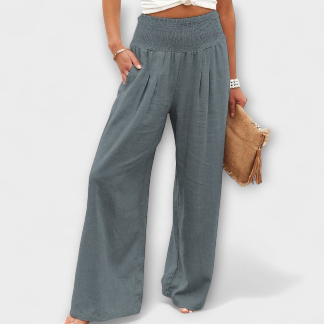 Smocked Waist Linen Wide Leg Pants Women - Casual Boho