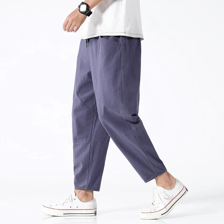 Drawstring Linen Tapered Mens Casual Trousers - Cropped Fit
