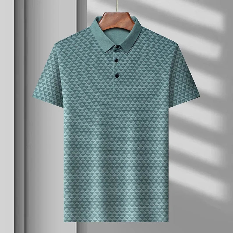 Geometric Triangle Print Contrast Collar Short Sleeve Slim Fit Polo Shirt
