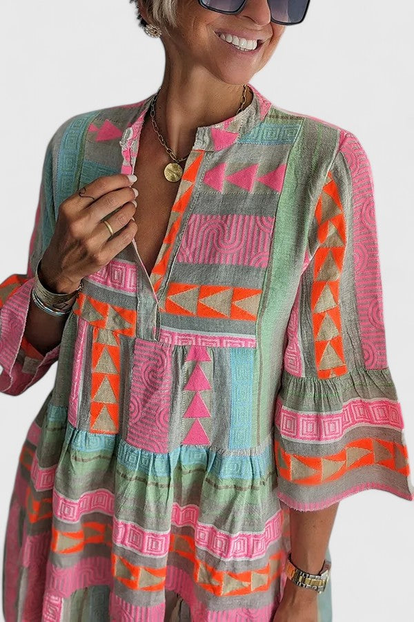 Boho Print Loose Fit Mini Dress Three Quarter Sleeve