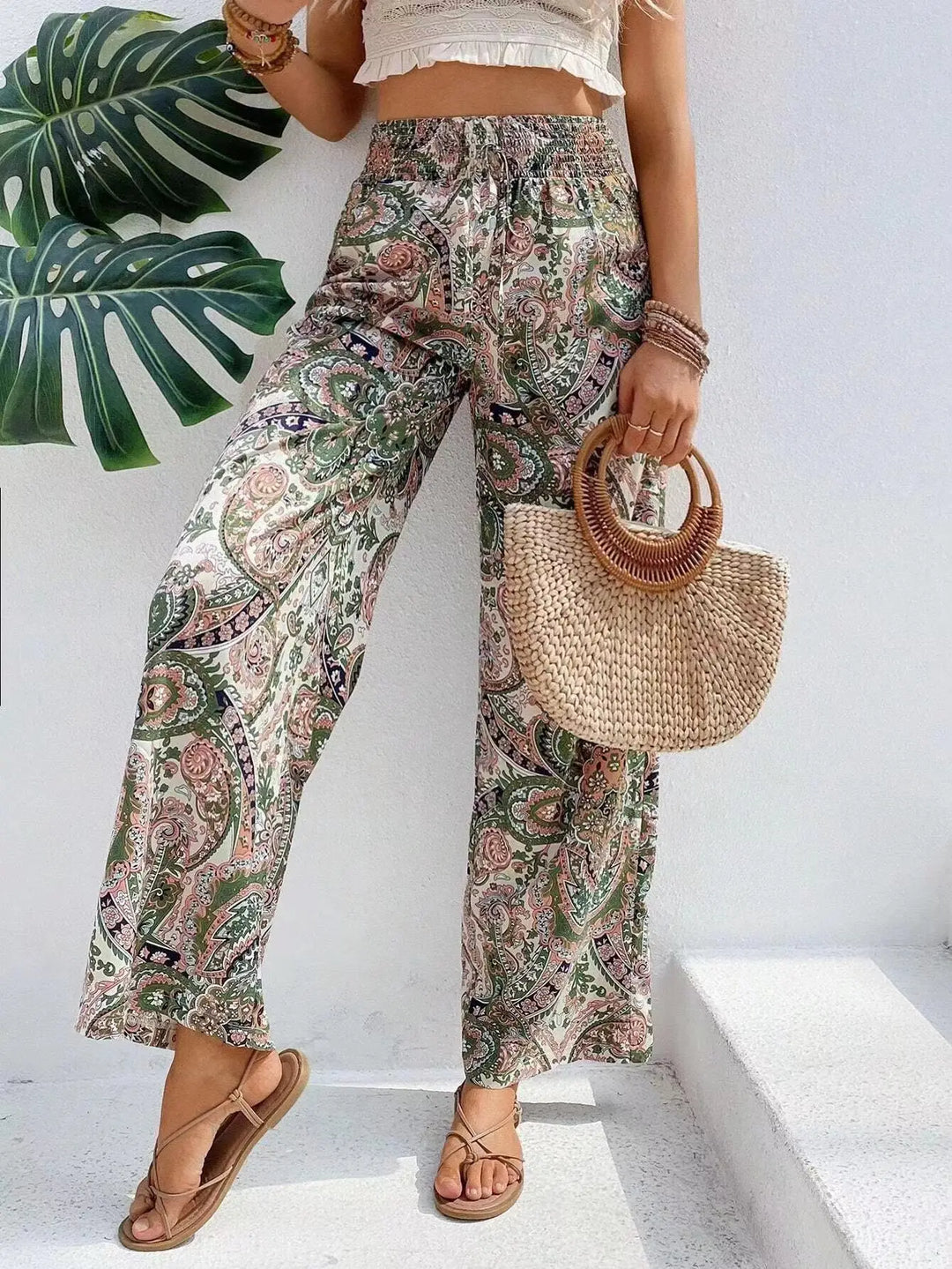 Paisley Print Smocked Waist Wide Leg Pants Women - Boho Style